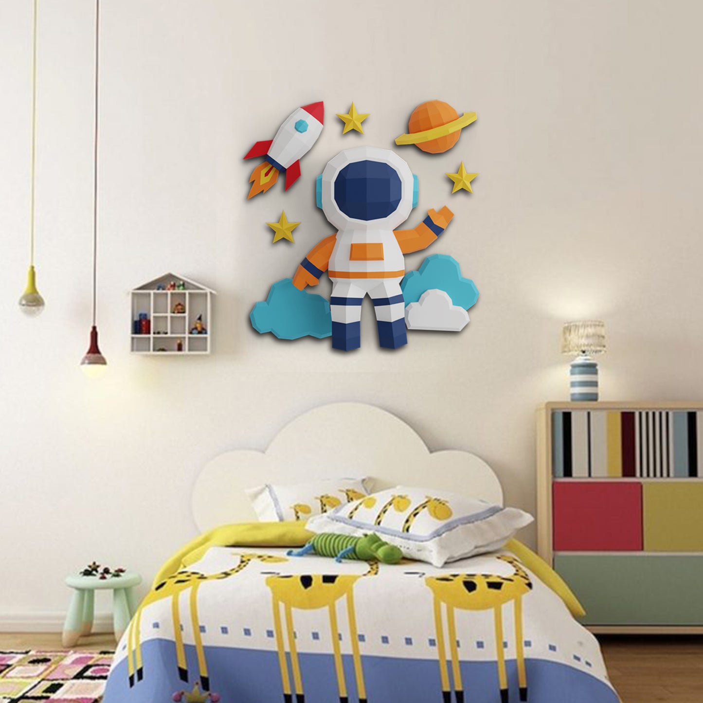 AKROBAT 3D Papercraft Duvar Dekoru – Sevimli Astronot, Gezegen, Yıldız & Bulut Modeli | Kolay Montaj, Kesimsiz, Çocuk & Genç Odası