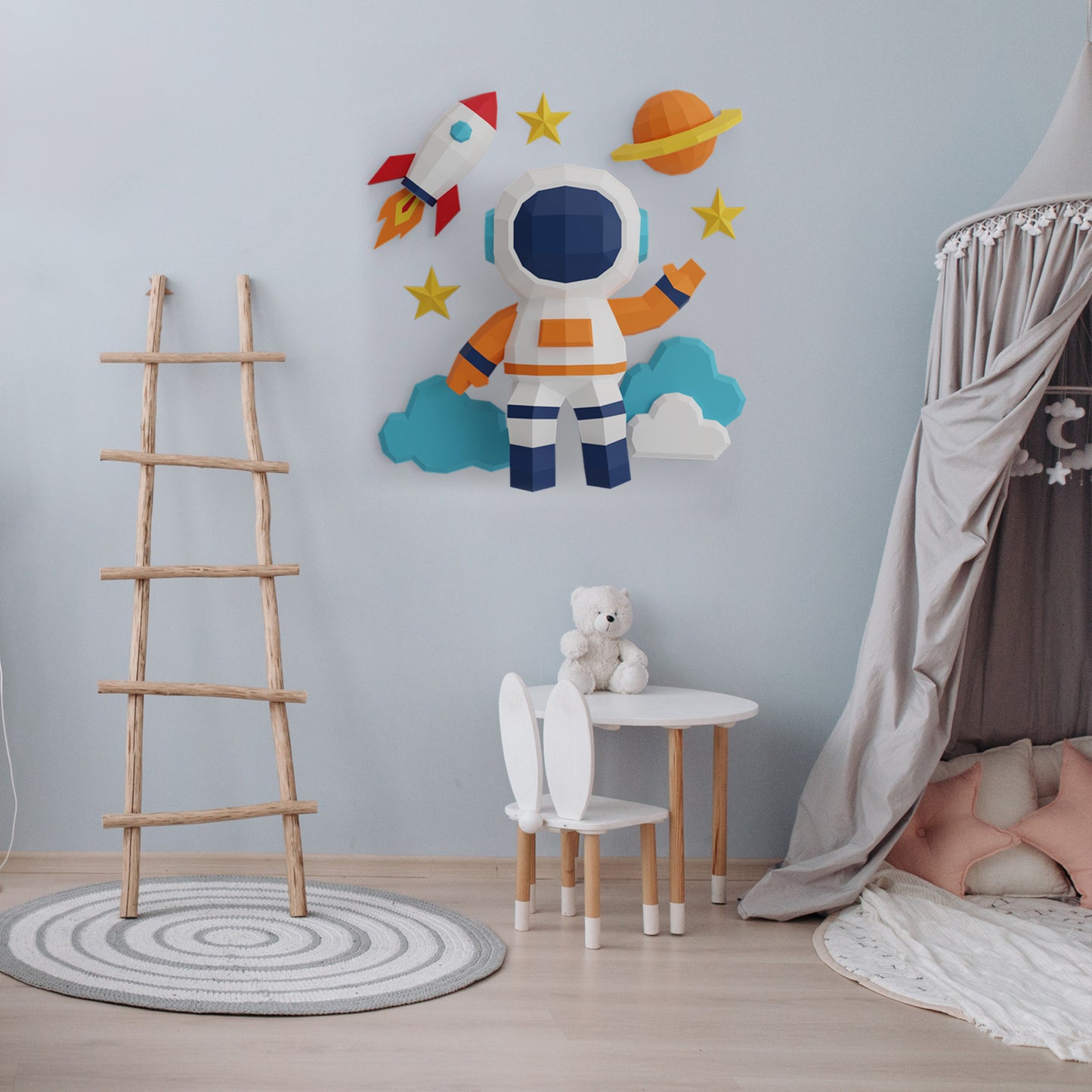 AKROBAT 3D Papercraft Duvar Dekoru – Sevimli Astronot, Gezegen, Yıldız & Bulut Modeli | Kolay Montaj, Kesimsiz, Çocuk & Genç Odası