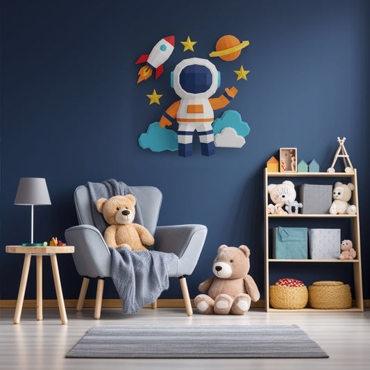 AKROBAT 3D Papercraft Duvar Dekoru – Sevimli Astronot, Gezegen, Yıldız & Bulut Modeli | Kolay Montaj, Kesimsiz, Çocuk & Genç Odası