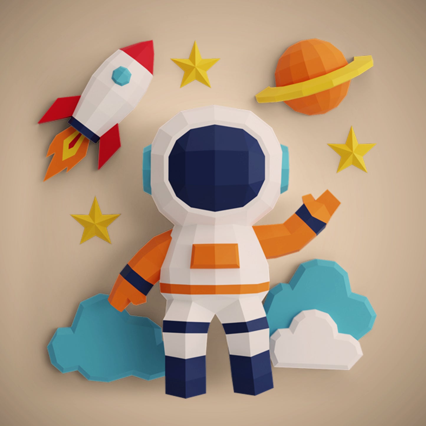 AKROBAT 3D Papercraft Duvar Dekoru – Sevimli Astronot, Gezegen, Yıldız & Bulut Modeli | Kolay Montaj, Kesimsiz, Çocuk & Genç Odası